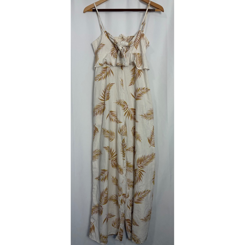 Billabong Boho Resort Palm Print Tie Front Wide Leg Jumpsuit Cream Medium Beach